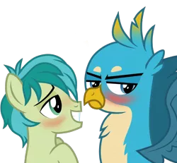 Size: 1474x1360 | Tagged: safe, artist:stellardusk, derpibooru import, gallus, sandbar, earth pony, gryphon, pony, school daze, bedroom eyes, blushing, gallbar, gay, interspecies, male, shipping, show accurate, simple background, transparent background, tsundere, vector