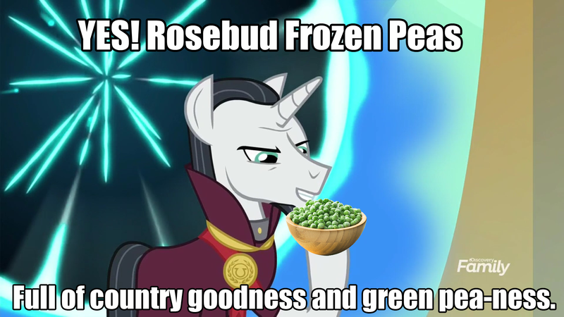 Size: 1920x1080 | Tagged: safe, derpibooru import, edit, edited screencap, screencap, chancellor neighsay, pony, unicorn, school daze, food, frozen peas, image macro, maurice lamarche, meme, orson welles, photoshop, smiling, solo, the critic, voice actor joke, when he smiles