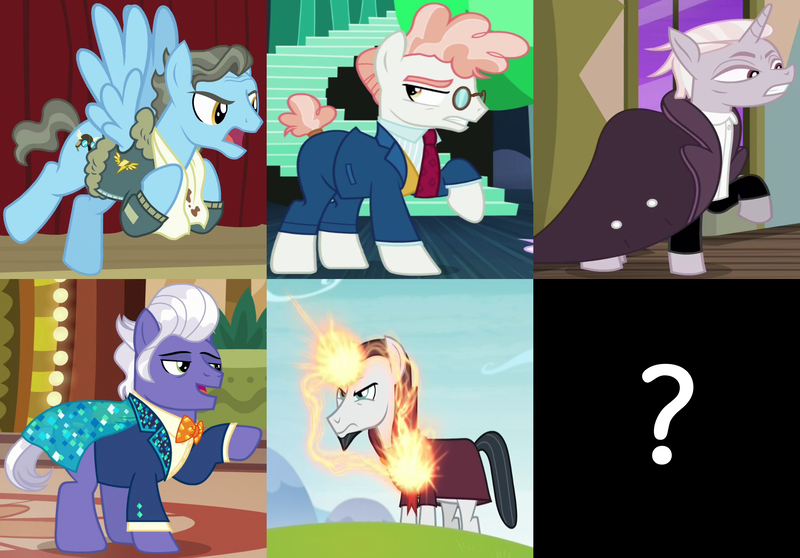 Size: 2202x1536 | Tagged: safe, derpibooru import, screencap, chancellor neighsay, gladmane, svengallop, wind rider, zesty gourmand, earth pony, pegasus, pony, unicorn, rarity investigates, school daze, spice up your life, the mane attraction, viva las pegasus, antagonist, cropped, female, glowing horn, irredeemable, magic, male, mare, question mark, stallion