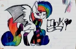 Size: 2176x1408 | Tagged: safe, artist:lillucy6, derpibooru import, oc, unofficial characters only, bat pony, pony, bat pony oc, clothes, female, lined paper, mare, one eye closed, rainbow hair, scarf, socks, solo, striped socks, traditional art, wink