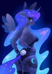 Size: 2480x3507 | Tagged: alicorn, anthro, artist:underpable, ass, blushing, both cutie marks, breasts, bunny ears, bunny suit, cleavage, clothes, constellation, derpibooru import, ethereal mane, female, floating wings, galaxy mane, leotard, looking at you, looking back, looking back at you, mare, moonbutt, part of a set, princess luna, sideboob, smiling, solo, solo female, stockings, suggestive, thigh highs, thigh muffintop, wristband