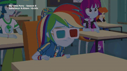 Size: 800x450 | Tagged: safe, derpibooru import, screencap, blueberry cake, captain planet, chestnut magnifico, daring do, golden hazel, mystery mint, rainbow dash, sci-twi, twilight sparkle, equestria girls, equestria girls series, the last day of school, 3d glasses, animated, background human, book, clock, geode of super speed, geode of telekinesis, magical geodes, sunglasses