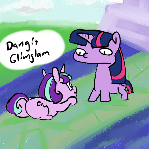 Size: 750x750 | Tagged: suggestive, artist:tacodeltaco, derpibooru import, starlight glimmer, twilight sparkle, pony, unicorn, :t, dialogue, duo, female, looking at each other, looking down, mare, plot, prone, simple background, the ass was fat