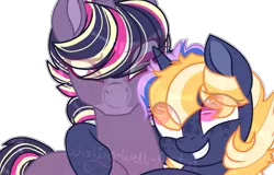 Size: 1289x826 | Tagged: safe, artist:wishing-well-artist, derpibooru import, oc, oc:cosmic stardust, oc:sunshine anomaly, unofficial characters only, pony, unicorn, female, half-siblings, half-sisters, mare, offspring, parent:flash sentry, parent:shadow lock, parent:twilight sparkle, parents:flashlight, parents:twilock, simple background, transparent background