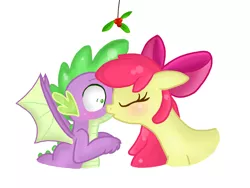 Size: 1200x900 | Tagged: artist needed, source needed, safe, derpibooru import, apple bloom, spike, blushing, cute, female, holly, holly mistaken for mistletoe, kissing, male, mistletoe, shipping, simple background, spikebloom, straight, white background, winged spike, wings