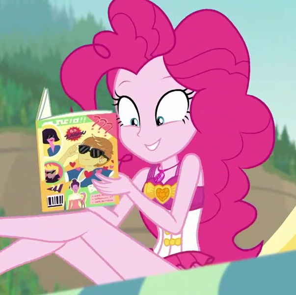 Size: 672x669 | Tagged: safe, derpibooru import, screencap, feather bangs, pinkie pie, equestria girls, equestria girls series, friendship math, clothes, cropped, magazine, solo, swimsuit