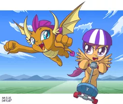 Size: 1000x845 | Tagged: safe, artist:uotapo, derpibooru import, scootaloo, smolder, dragon, pegasus, pony, school daze, cute, cutealoo, dragoness, duo, female, filly, flying, helmet, looking at you, open mouth, scooter, smiling, smolderbetes