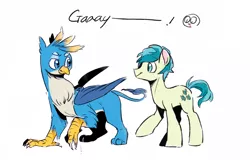 Size: 946x605 | Tagged: safe, artist:emina15966emina, artist:emma15966emma, derpibooru import, gallus, sandbar, earth pony, gryphon, pony, school daze, chest fluff, claws, cutie mark, duo, gallbar, gay, interspecies, leonine tail, looking at each other, looking back, male, paws, shipping, simple background, smiling, white background, wings