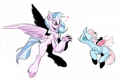 Size: 1088x719 | Tagged: artist:emina15966emina, changedling, changeling, classical hippogriff, derpibooru import, duo, female, flying, heart, hippogriff, looking at each other, ocellus, safe, school daze, silverstream, simple background, smiling, unshorn fetlocks, white background