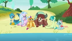 Size: 1920x1080 | Tagged: safe, derpibooru import, screencap, gallus, ocellus, sandbar, silverstream, smolder, yona, changedling, changeling, classical hippogriff, dragon, earth pony, gryphon, hippogriff, pony, yak, school daze, best friends, bonding, bonding time, braid, cloven hooves, confused, curved horn, cute, diaocelles, diastreamies, dragoness, female, frown, gallabetes, hair over one eye, horn, horns, lying down, male, paws, prone, raised eyebrow, sandabetes, sitting, slit eyes, smiling, smolderbetes, spread wings, student six, talons, teenager, water, wings, yonadorable