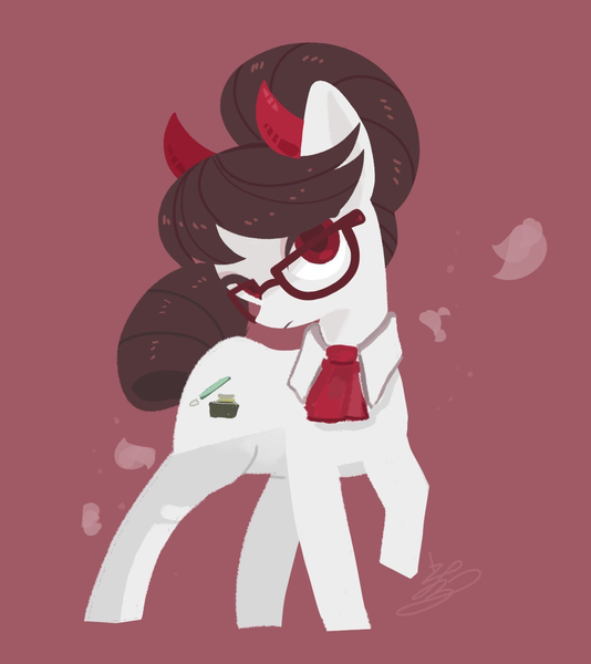 Size: 1188x1335 | Tagged: safe, artist:sibashen, derpibooru import, raven, writing desk, earth pony, pony, devil horns, female, glasses, hair bun, mare, raised hoof, simple background, solo