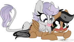 Size: 1024x581 | Tagged: safe, artist:kellythedrawinguni, derpibooru import, oc, oc:artsong, oc:thespia, unofficial characters only, pegasus, pony, blushing, chibi, drawing, female, mare, pencil, prone, simple background, tongue out, transparent background, unshorn fetlocks