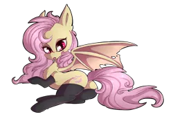 Size: 3738x2618 | Tagged: suggestive, artist:ashee, derpibooru import, fluttershy, bat pony, clothes, flutterbat, heart eyes, looking at you, looking back, looking back at you, plot, race swap, simple background, socks, solo, transparent background, wingding eyes, wings