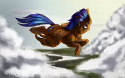 Size: 1280x798 | Tagged: safe, artist:marinavermilion, derpibooru import, oc, oc:nimble wing, unofficial characters only, pegasus, pony, cheek fluff, chest fluff, cloud, flying, jewelry, looking down, male, necklace, river, sky, solo, spread wings, unshorn fetlocks, wings