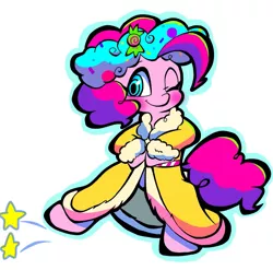Size: 1279x1262 | Tagged: safe, artist:asg, derpibooru import, pinkie pie, earth pony, pony, candy, clothes, female, food, looking at you, mare, one eye closed, robe, simple background, white background, wink