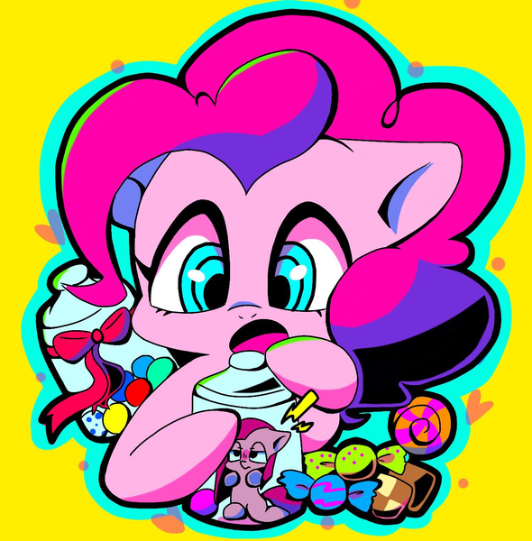 Size: 1258x1280 | Tagged: safe, artist:asg, derpibooru import, pinkie pie, earth pony, pony, candy, cookie, cookie jar, female, food, lollipop, mare, pinkamena diane pie, simple background, solo, yellow background