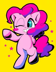 Size: 1276x1628 | Tagged: safe, artist:asg, derpibooru import, pinkie pie, earth pony, pony, female, mare, one eye closed, simple background, solo, wink, yellow background