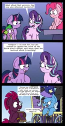 Size: 1764x3391 | Tagged: safe, artist:bobthedalek, derpibooru import, fizzlepop berrytwist, pinkie pie, spike, starlight glimmer, tempest shadow, trixie, twilight sparkle, twilight sparkle (alicorn), alicorn, dragon, earth pony, pony, unicorn, my little pony: the movie, school daze, broken horn, caravan, comic, dialogue, evangelism, female, friendship journal, jehovah's witness, male, mare, smoke, spatula, throne room, trixie's nightcap