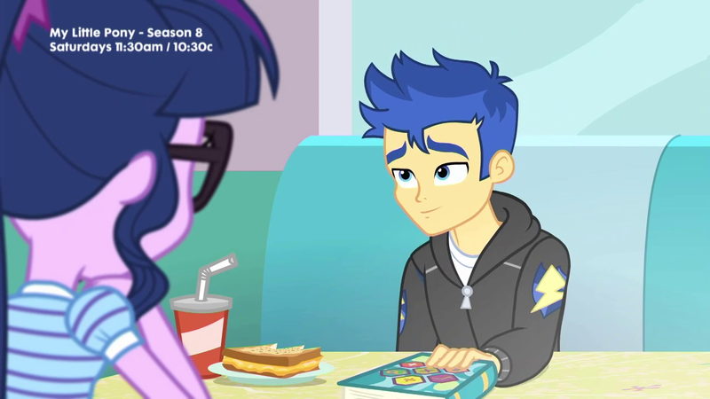 Size: 1280x720 | Tagged: safe, derpibooru import, screencap, flash sentry, sci-twi, twilight sparkle, equestria girls, equestria girls series, book, cheese, food, glasses, grilled cheese, just friends, math, ponytail, soda, table