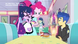 Size: 1280x720 | Tagged: safe, derpibooru import, screencap, bon bon, flash sentry, pinkie pie, sci-twi, sweetie drops, twilight sparkle, equestria girls, equestria girls series, pinkie pie: snack psychic, apron, ashamed, cheese, clothes, food, glasses, grilled cheese, jukebox, ponytail, server pinkie pie, skirt, soda, sweet snacks cafe, table, waitress