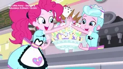 Size: 1280x720 | Tagged: safe, derpibooru import, screencap, pinkie pie, sunny sugarsocks, equestria girls, equestria girls series, pinkie pie: snack psychic, apron, banana, cherry, clothes, cute, dessert, diapinkes, excited, food, happy, high five, ice cream, ice cream cone, plates, server pinkie pie, sweet snacks cafe, waitress