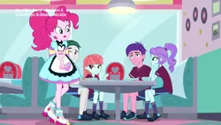 Size: 1280x720 | Tagged: safe, derpibooru import, screencap, crystal lullaby, marco dafoy, melon mint, peacock plume, pinkie pie, equestria girls, equestria girls series, pinkie pie: snack psychic, apron, clothes, diner, lamp, roller skates, sad, server pinkie pie, shoes, sneakers, sports outfit, sports shorts, sweet snacks cafe, table, waitress