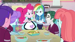 Size: 1280x720 | Tagged: safe, derpibooru import, screencap, crystal lullaby, marco dafoy, melon mint, peacock plume, pinkie pie, rainbow dash, equestria girls, equestria girls series, pinkie pie: snack psychic, chips, crossed arms, food, happy, nachos, server pinkie pie, smug, soup, sweet snacks cafe, table