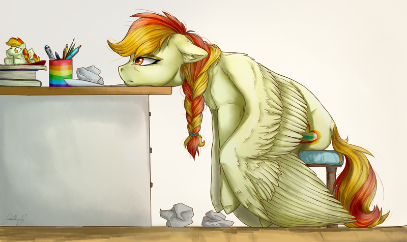 Size: 4600x2736 | Tagged: safe, artist:gaelledragons, derpibooru import, oc, unofficial characters only, pegasus, pony, book, braid, crumpled, dock, doctor who, female, floppy ears, mare, paper, pen, pencil, plushie, sitting, solo, sonic screwdriver, vent art