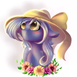 Size: 1024x1014 | Tagged: dead source, safe, artist:freckleplant, derpibooru import, oc, unofficial characters only, pegasus, pony, abstract background, blushing, bust, chest fluff, eye clipping through hair, female, floppy ears, flower, hat, mare, portrait, solo, sun hat, ych result
