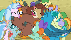 Size: 902x508 | Tagged: safe, derpibooru import, screencap, auburn vision, berry blend, berry bliss, citrine spark, fire quacker, gallus, huckleberry, ocellus, peppermint goldylinks, sandbar, silverstream, smolder, yona, classical hippogriff, gryphon, hippogriff, pony, school daze, animated, cute, friendship student, monkey swings, stage dive, student six, yonadorable