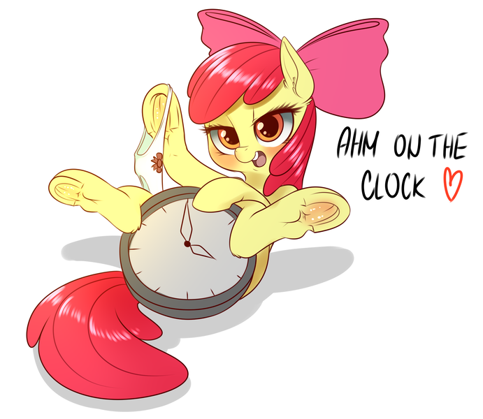 Size: 1848x1605 | Tagged: questionable, artist:dankflank, derpibooru import, apple bloom, earth pony, pony, 30 minute art challenge, blatant lies, bow, clock, clothes, dialogue, female, filly, foalcon, frog (hoof), hair bow, implied foalcon, panties, pun, ribbon, simple background, solo, solo female, text, underhoof, underwear, white background, white underwear