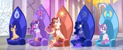 Size: 4475x1839 | Tagged: safe, artist:darlyjay, derpibooru import, princess flurry heart, twilight sparkle, twilight sparkle (alicorn), oc, oc:askella, oc:sterling sentry, oc:velta, alicorn, hybrid, pony, alicorn thrones, female, interspecies offspring, mare, offspring, older, parent:discord, parent:flash sentry, parent:king sombra, parent:princess celestia, parent:princess luna, parent:twilight sparkle, parents:dislestia, parents:flashlight, parents:lumbra, throne