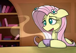 Size: 1754x1240 | Tagged: safe, artist:rambopvp, derpibooru import, fluttershy, pegasus, pony, bust, colored pupils, cup, enjoying, female, flower, flower in hair, folded wings, food, hoof hold, indoors, mare, open mouth, portrait, solo, table, tea, teacup