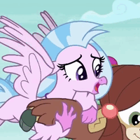 Size: 200x200 | Tagged: animated, classical hippogriff, cloven hooves, cute, derpibooru import, diastreamies, female, gif, hippogriff, impact font, safe, school daze, screencap, silverstream, smolder, subtitles, yak, yona