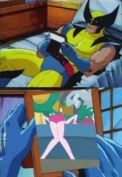 Size: 480x698 | Tagged: suggestive, derpibooru import, edit, screencap, pinkie pie, equestria girls, equestria girls series, x marks the spot, ass, balloonbutt, bed, butt, clothes, crossover, crossover shipping, exploitable meme, marvel, meme, shipping, swimsuit, wolverine, x-men, x-men the animated series