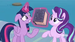 Size: 1620x912 | Tagged: safe, derpibooru import, edit, edited screencap, screencap, starlight glimmer, twilight sparkle, twilight sparkle (alicorn), alicorn, pony, unicorn, school daze, book, duo, eea rulebook, raised eyebrow, water