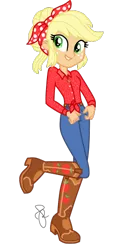 Size: 278x544 | Tagged: safe, artist:cookiechans2, artist:ilaria122, derpibooru import, applejack, equestria girls, equestria girls series, five to nine, alternate hairstyle, bandana, base used, belt, boots, clothes, cowboy boots, female, freckles, geode of super strength, jeans, pants, shirt, simple background, smiling, solo, transparent background, vector