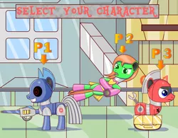 Size: 2000x1556 | Tagged: safe, artist:trackheadtherobopony, derpibooru import, oc, oc:gearbox, oc:goldheart, oc:trackhead, unofficial characters only, original species, pony, robot, robot pony, wheelpone, clothes, leotard, power plant, select your character, text, weapon