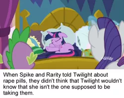 Size: 612x485 | Tagged: alicorn, bed, behind, caption, derpibooru import, edit, edited screencap, glowing horn, implied rape, meme, ponestrip, rarity, school daze, screencap, sleeping, spike, suggestive, text, tired, twilight's bed, twilight sparkle, twilight sparkle (alicorn)