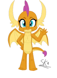 Size: 850x1170 | Tagged: artist:serukun4, claws, derpibooru import, dragon, dragoness, dragon wings, fangs, female, looking at you, safe, school daze, signature, simple background, smolder, solo, spread wings, transparent background, wings