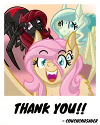 Size: 800x1000 | Tagged: artist:couchcrusader, black widow, comic:children of everfree, derpibooru import, dragon story, ear fluff, fangs, female, fluttershy, looking at you, mare, monster pony, oc, oc:sylph, original species, safe, self ponidox, signature, species swap, spider, spiderpony, spidershy, text, thank you, trio