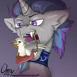 Size: 796x800 | Tagged: suggestive, artist:omny87, derpibooru import, oc, oc:der, oc:verlo streams, unofficial characters only, bat pony, gryphon, pony, unicorn, duo, fetish, lying down, male, mawplay, micro, simple background, smug, stallion, stick, teeth, tongue out