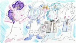 Size: 2648x1489 | Tagged: artist:ptitemouette, derpibooru import, double diamond, equal four, equal foursome, foursome, marriage, night glider, oc, oc:ballon frost cake, parent:double diamond, parent:night glider, parent:party favor, parent:sugar belle, party favor, polyamory, safe, sugar belle, wedding