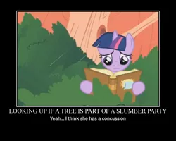 Size: 750x600 | Tagged: safe, artist:crossoverprincess, derpibooru import, edit, edited screencap, screencap, twilight sparkle, pony, unicorn, look before you sleep, book, golden oaks library, motivational poster, solo, tree