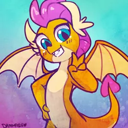 Size: 1588x1588 | Tagged: abstract background, artist:dawnfire, cute, derpibooru import, dragon, dragoness, fangs, female, grin, looking at you, peace sign, safe, school daze, season 8, smiling, smolder, smolderbetes, solo, spread wings, victory sign, wings