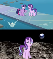 Size: 1920x2160 | Tagged: safe, derpibooru import, edit, edited screencap, screencap, starlight glimmer, twilight sparkle, twilight sparkle (alicorn), alicorn, pony, unicorn, school daze, banishment, book, book abuse, discovery family logo, earth, eea rulebook, moon, punishment, sad, sadlight glimmer, this will end in tears and/or a journey to the moon, thug, to the moon