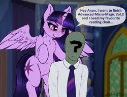 Size: 2480x1882 | Tagged: suggestive, artist:duop-qoub, derpibooru import, twilight sparkle, twilight sparkle (alicorn), oc, oc:anon, alicorn, human, pony, descended twilight, :t, bedroom eyes, blushing, chest fluff, dialogue, ethereal mane, eyeshadow, female, fluffy, flying, human male, imminent facesitting, leg fluff, makeup, male, mare, shoulder fluff, smiling, speech bubble, spread wings, starry mane, sweat, twidom, wings