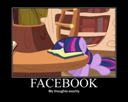 Size: 750x600 | Tagged: safe, artist:norcon72, derpibooru import, edit, edited screencap, screencap, twilight sparkle, pony, unicorn, book, demotivational poster, facebook, facebooking, female, golden oaks library, mare, meme, motivational poster, solo, unicorn twilight