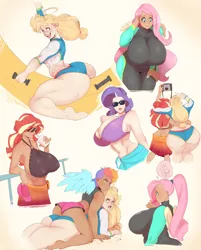 Size: 2628x3268 | Tagged: suggestive, artist:sundown, derpibooru import, applejack, fluttershy, rainbow dash, rarity, sunset shimmer, human, equestria girls, equestria girls series, forgotten friendship, applebucking thighs, applebutt, appledash, appleshimmer, ass, banana boat, beach, big breasts, breasts, busty applejack, busty fluttershy, busty rarity, busty sunset shimmer, clothes, cute, cute little fangs, erect nipples, fangs, female, horned humanization, huge breasts, human coloration, humanized, inflatable, inflatable toy, jacqueline applebuck, juliette d'rarie, lesbian, nipple outline, plump, pool toy, shipping, simple background, sunglasses, swimsuit, that one freckle, the ass was fat, wetsuit, white background, winged humanization, wings