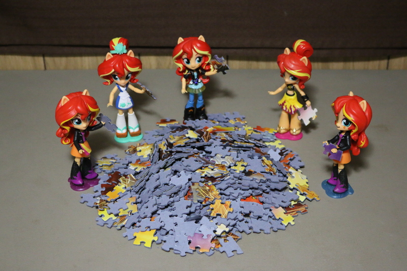 Size: 2736x1824 | Tagged: safe, derpibooru import, sunset shimmer, equestria girls, doll, equestria girls minis, irl, multeity, photo, puzzle, ring, shimmerstorm, summer sunset, sunset sushi, toy